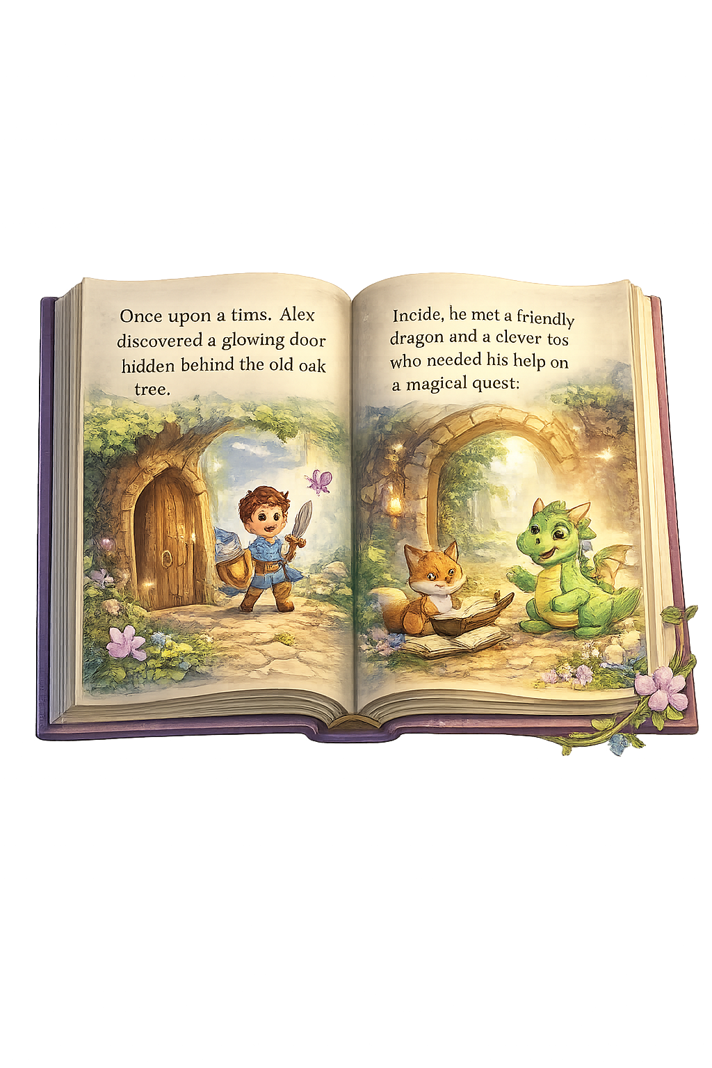 Open storybook showing an illustrated two-page spread with story text and whimsical art
